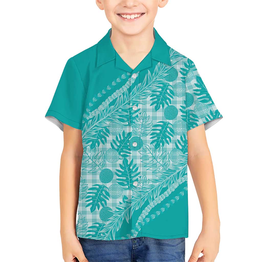 Hawaii Breadfruit Palaka Kid Hawaiian Shirt Polu Opal Maile Lei LT9 Kid Turquoise - Polynesian Pride