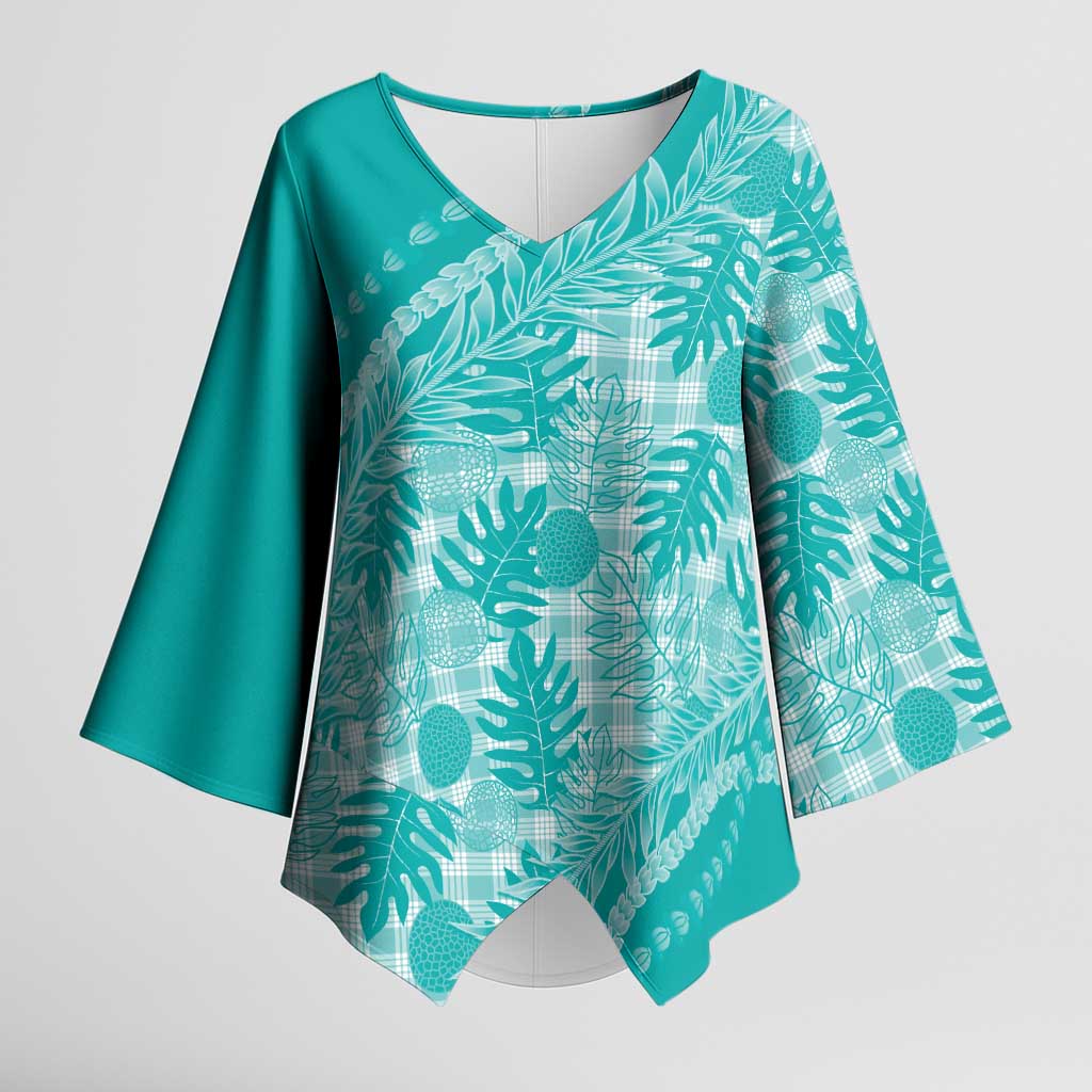 Hawaii Breadfruit Palaka Kimono Sleeve Blouse Polu Opal Maile Lei LT9 Female Turquoise - Polynesian Pride