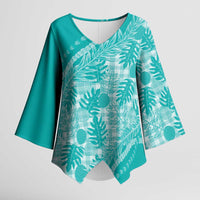 Hawaii Breadfruit Palaka Kimono Sleeve Blouse Polu Opal Maile Lei LT9 Female Turquoise - Polynesian Pride