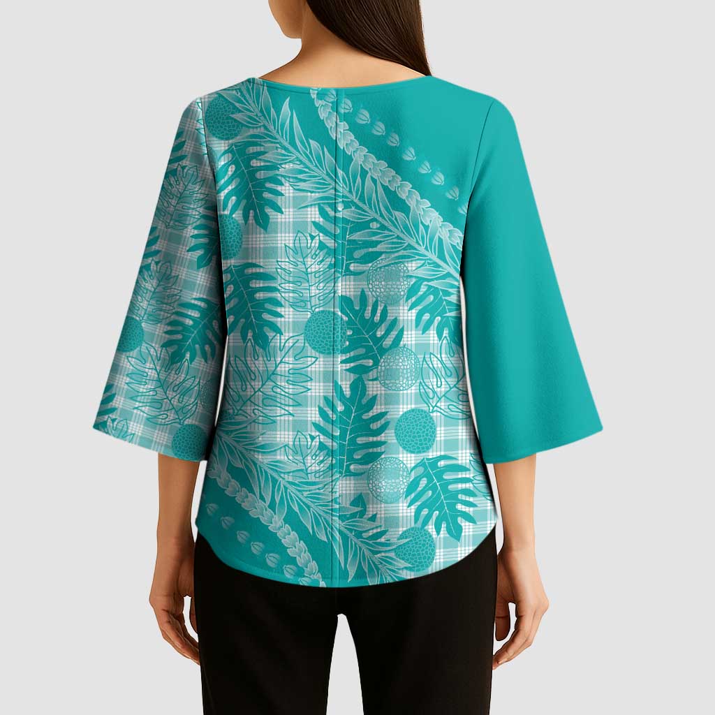 Hawaii Breadfruit Palaka Kimono Sleeve Blouse Polu Opal Maile Lei LT9 - Polynesian Pride