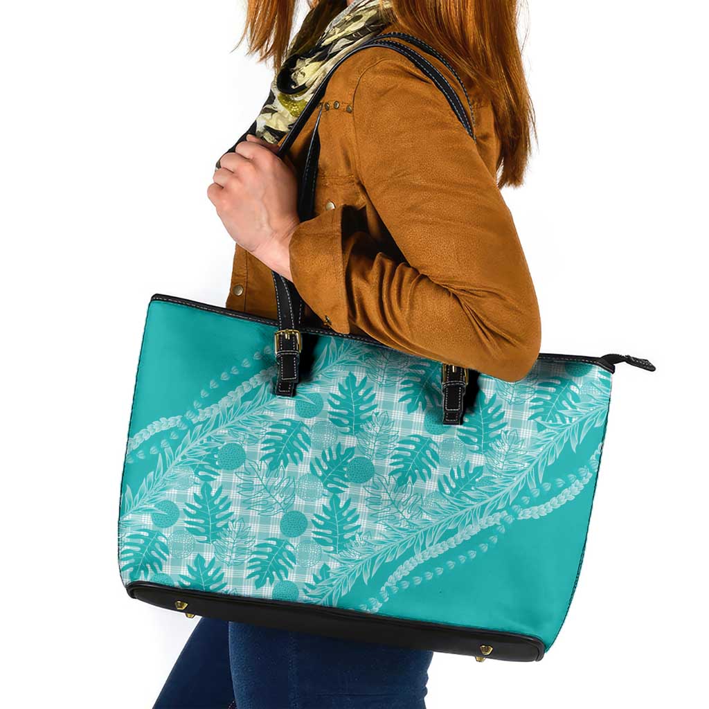 Hawaii Breadfruit Palaka Leather Tote Bag Polu Opal Maile Lei LT9 Turquoise - Polynesian Pride