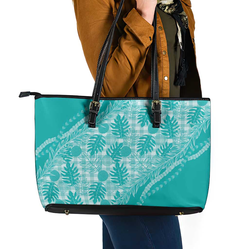 Hawaii Breadfruit Palaka Leather Tote Bag Polu Opal Maile Lei LT9 - Polynesian Pride