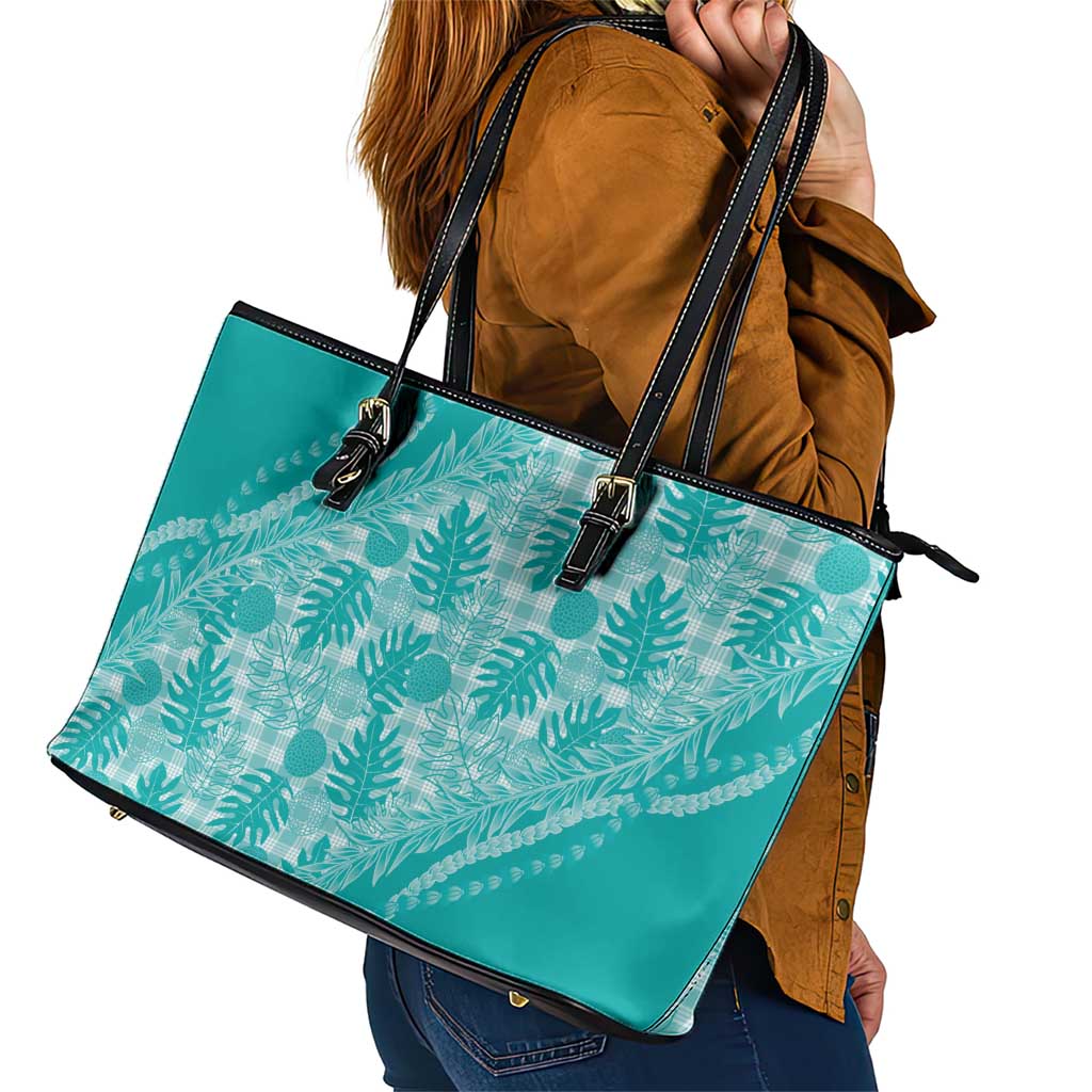 Hawaii Breadfruit Palaka Leather Tote Bag Polu Opal Maile Lei LT9 - Polynesian Pride