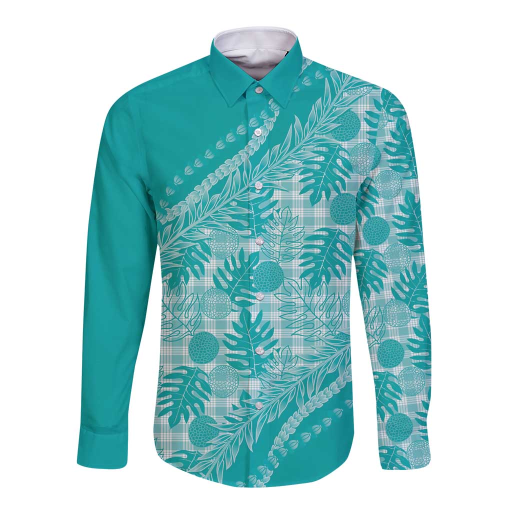 Hawaii Breadfruit Palaka Long Sleeve Button Shirt Polu Opal Maile Lei LT9 Unisex Turquoise - Polynesian Pride