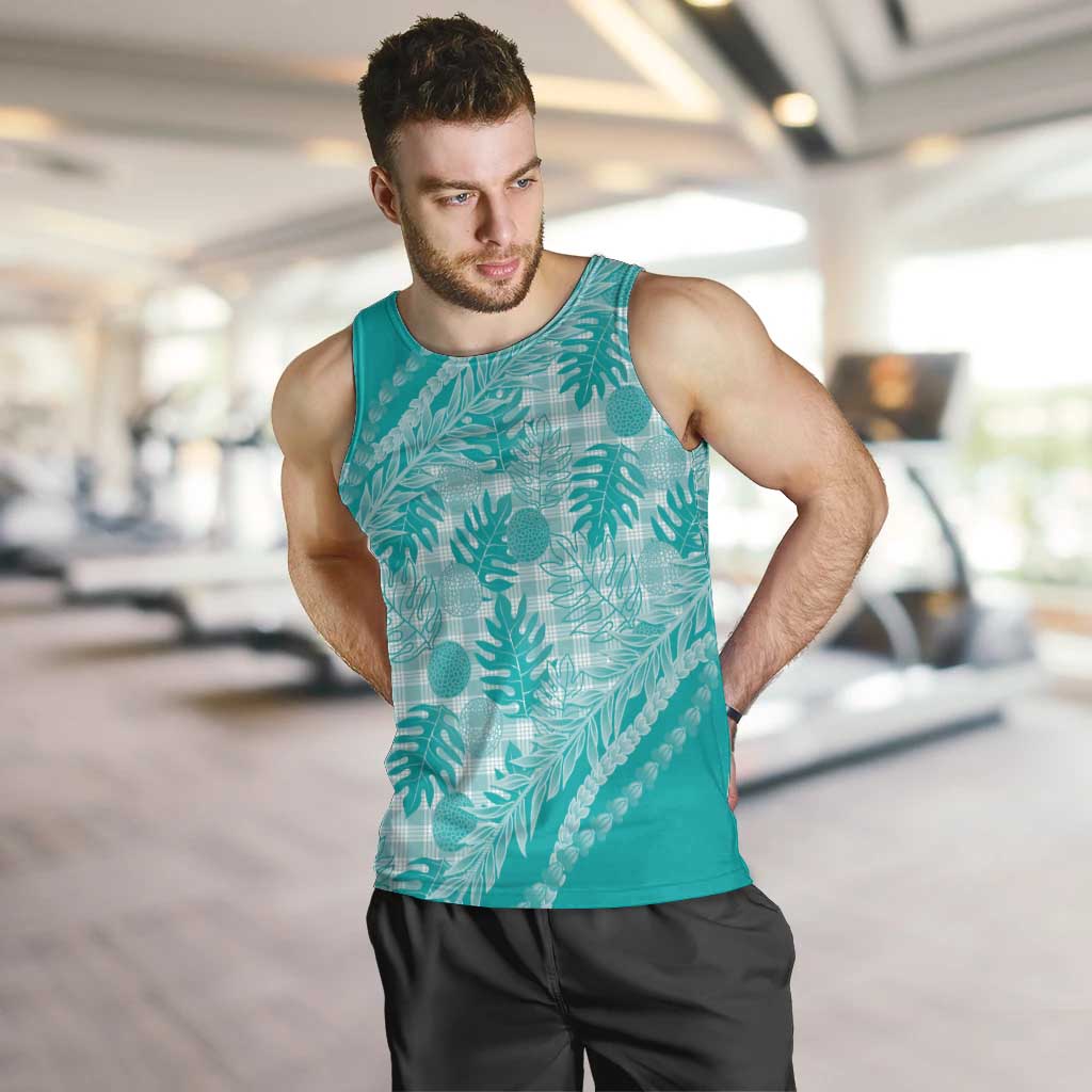 Hawaii Breadfruit Palaka Men Tank Top Polu Opal Maile Lei LT9 Turquoise - Polynesian Pride