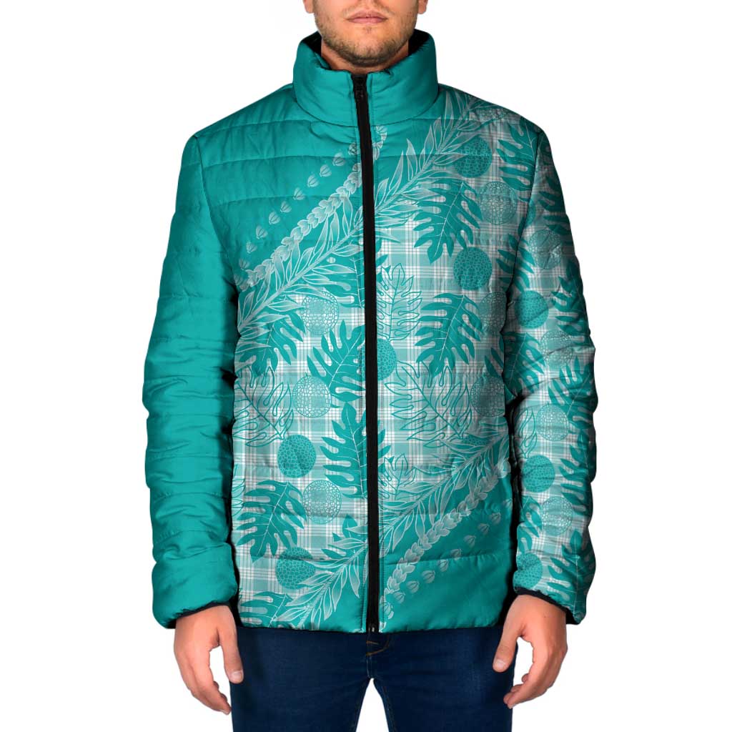 Hawaii Breadfruit Palaka Padded Jacket Polu Opal Maile Lei LT9 Men Turquoise - Polynesian Pride
