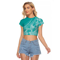 Hawaii Breadfruit Palaka Raglan Cropped T Shirt Polu Opal Maile Lei LT9 Female Turquoise - Polynesian Pride