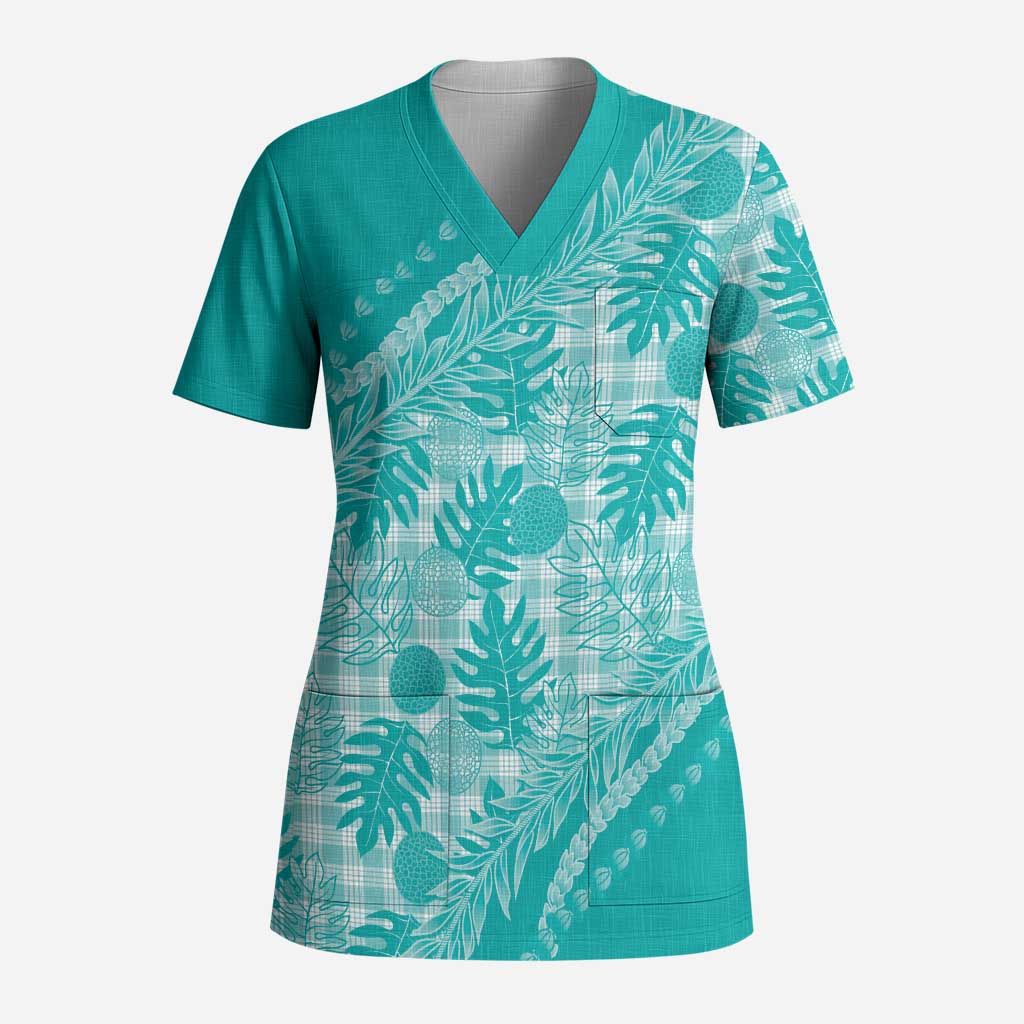 Hawaii Breadfruit Palaka Scrub Top Polu Opal Maile Lei LT9 Adult Turquoise - Polynesian Pride