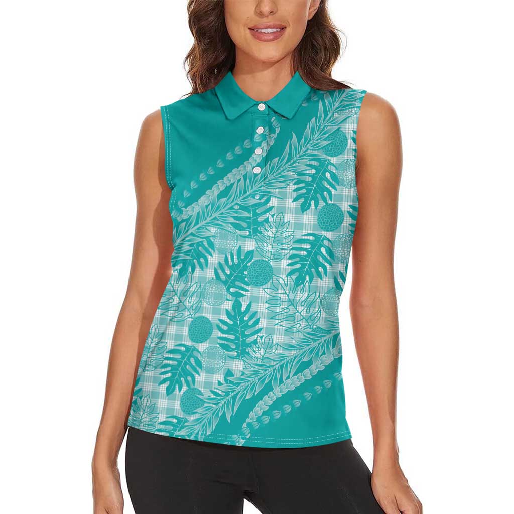 Hawaii Breadfruit Palaka Women Sleeveless Polo Shirt Polu Opal Maile Lei - Polynesian Pride