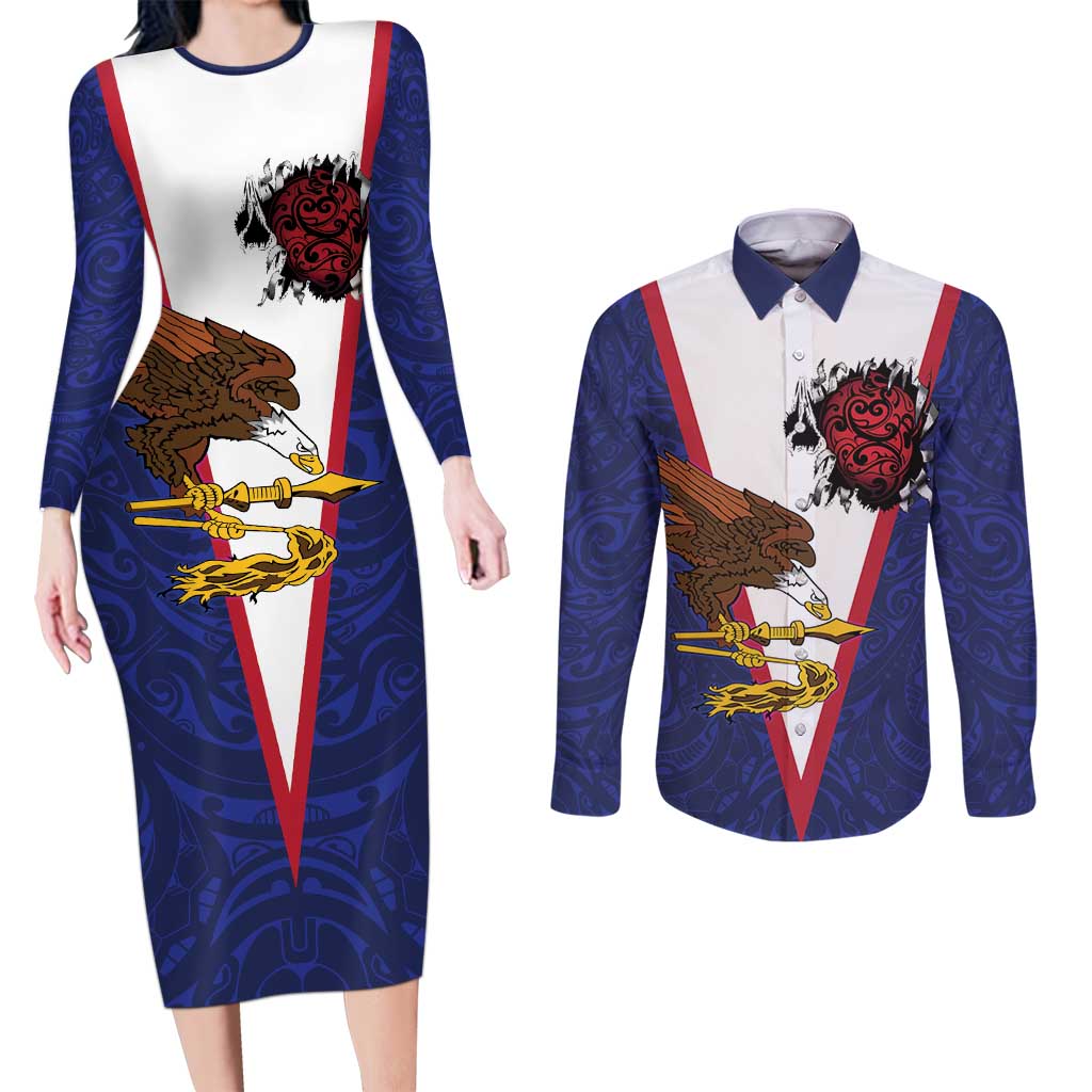 American Samoa Heart Tribal Personalized Couples Matching Long Sleeve Bodycon Dress and Long Sleeve Button Shirt Polynesian Patterns LT9 Blue - Polynesian Pride