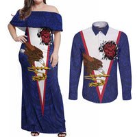 American Samoa Heart Tribal Personalized Couples Matching Off Shoulder Maxi Dress and Long Sleeve Button Shirt Polynesian Patterns LT9 Blue - Polynesian Pride