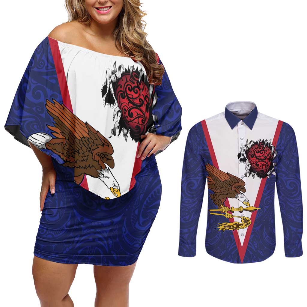American Samoa Heart Tribal Personalized Couples Matching Off Shoulder Short Dress and Long Sleeve Button Shirt Polynesian Patterns LT9 Blue - Polynesian Pride
