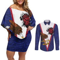 American Samoa Heart Tribal Personalized Couples Matching Off Shoulder Short Dress and Long Sleeve Button Shirt Polynesian Patterns LT9 Blue - Polynesian Pride