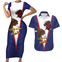 American Samoa Heart Tribal Personalized Couples Matching Short Sleeve Bodycon Dress and Hawaiian Shirt Polynesian Patterns LT9 Blue - Polynesian Pride