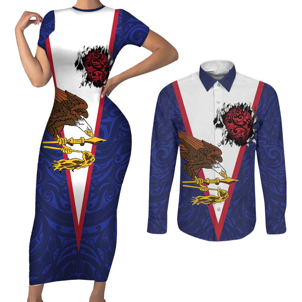 American Samoa Heart Tribal Personalized Couples Matching Short Sleeve Bodycon Dress and Long Sleeve Button Shirt Polynesian Patterns LT9 Blue - Polynesian Pride