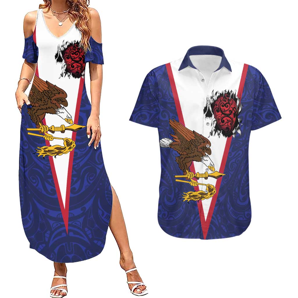 American Samoa Heart Tribal Personalized Couples Matching Summer Maxi Dress and Hawaiian Shirt Polynesian Patterns LT9 Blue - Polynesian Pride