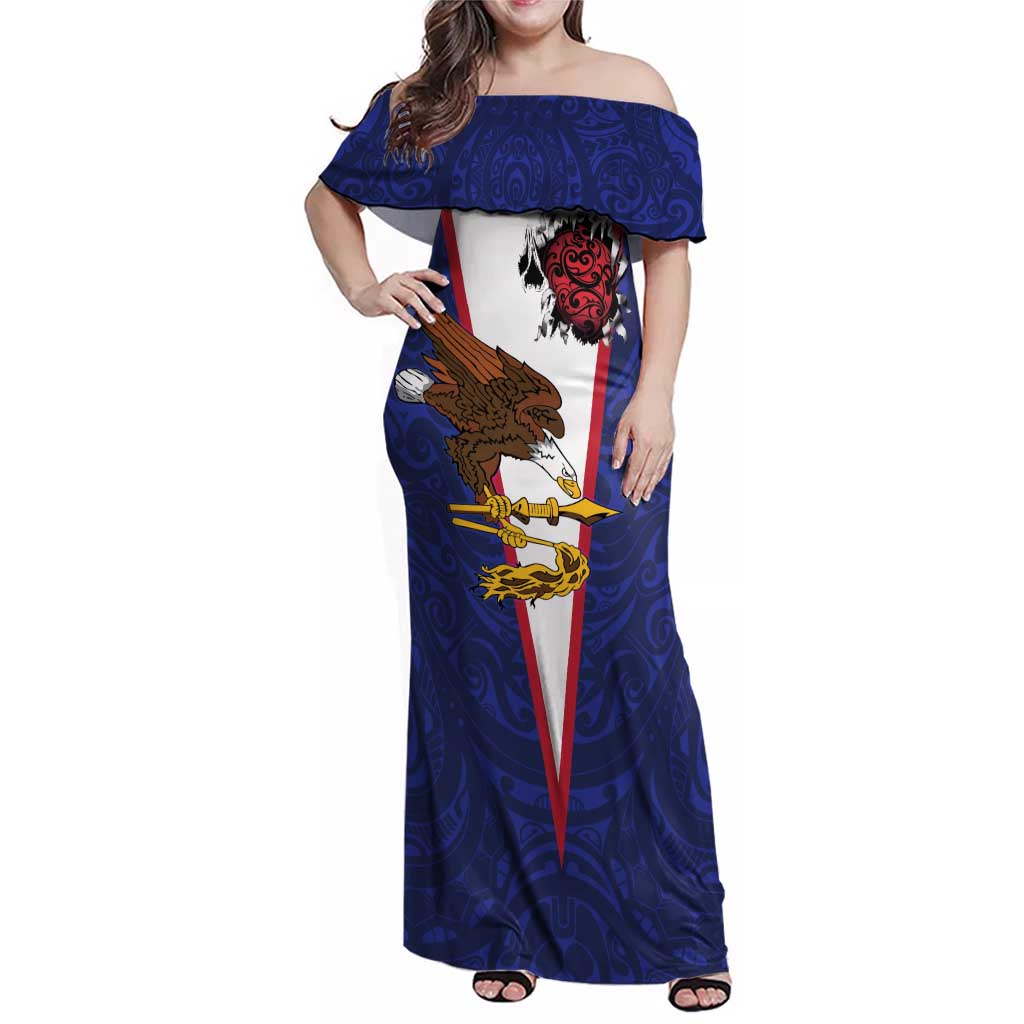 American Samoa Heart Tribal Personalized Family Matching Off Shoulder Maxi Dress and Hawaiian Shirt Polynesian Patterns LT9 Mom's Dress Blue - Polynesian Pride