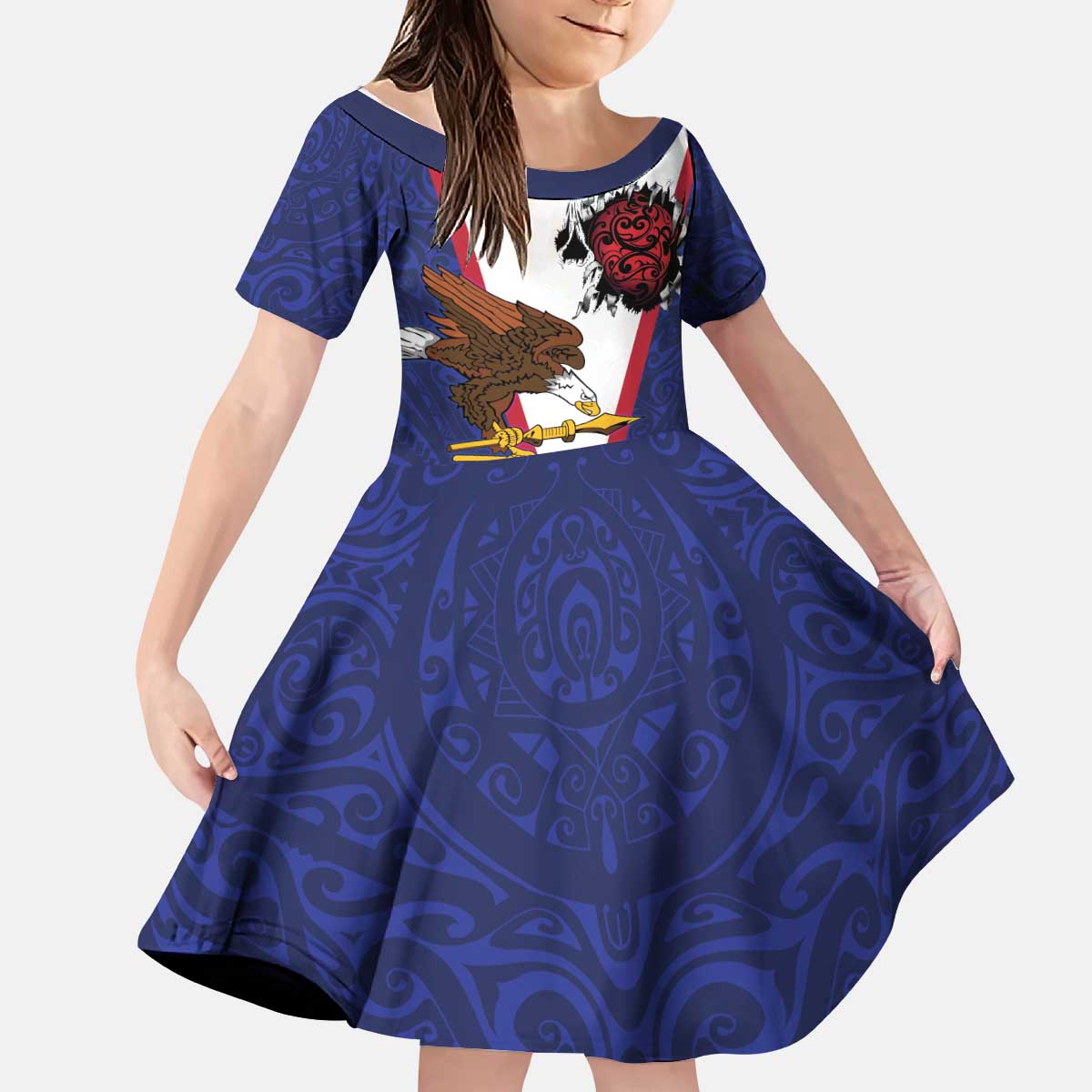 American Samoa Heart Tribal Personalized Kid Short Sleeve Dress Polynesian Patterns LT9 KID Blue - Polynesian Pride