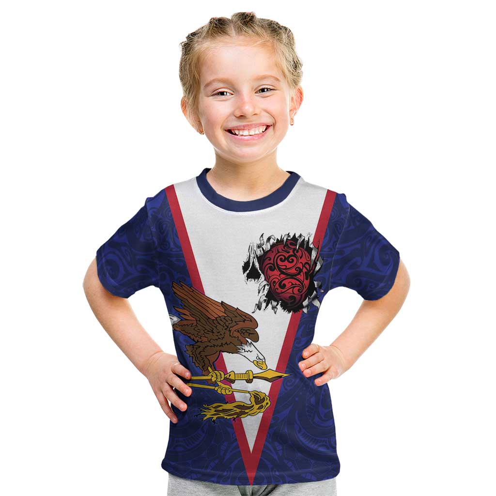 American Samoa Heart Tribal Personalized Kid T Shirt Polynesian Patterns LT9 Blue - Polynesian Pride