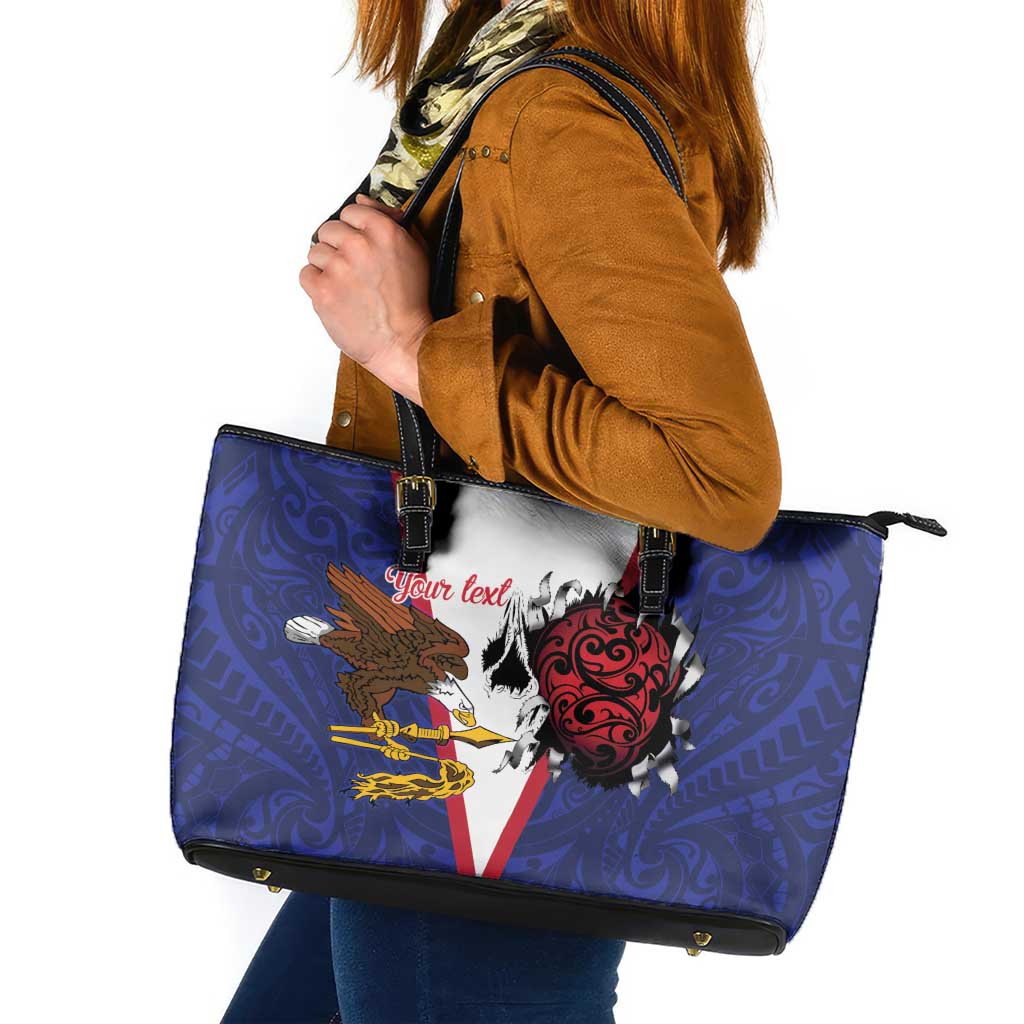 American Samoa Heart Tribal Personalized Leather Tote Bag Polynesian Patterns LT9 Blue - Polynesian Pride