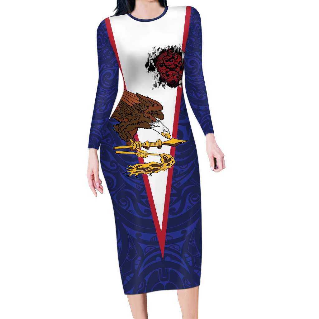 American Samoa Heart Tribal Personalized Long Sleeve Bodycon Dress Polynesian Patterns LT9 Long Dress Blue - Polynesian Pride