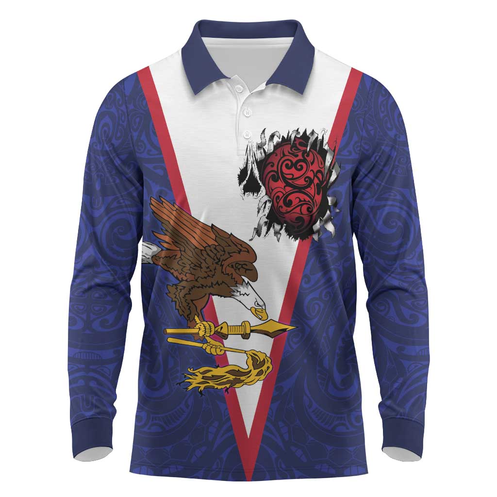 American Samoa Heart Tribal Personalized Long Sleeve Polo Shirt Polynesian Patterns LT9 Blue - Polynesian Pride