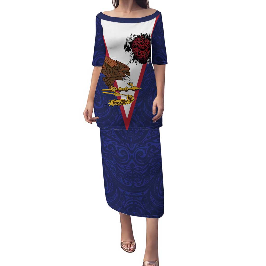 American Samoa Heart Tribal Personalized Puletasi Polynesian Patterns LT9 Long Dress Blue - Polynesian Pride