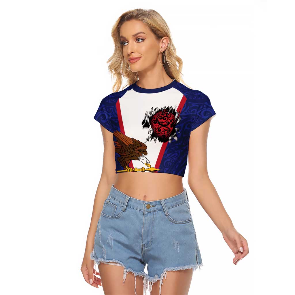 American Samoa Heart Tribal Personalized Raglan Cropped T Shirt Polynesian Patterns LT9 Female Blue - Polynesian Pride