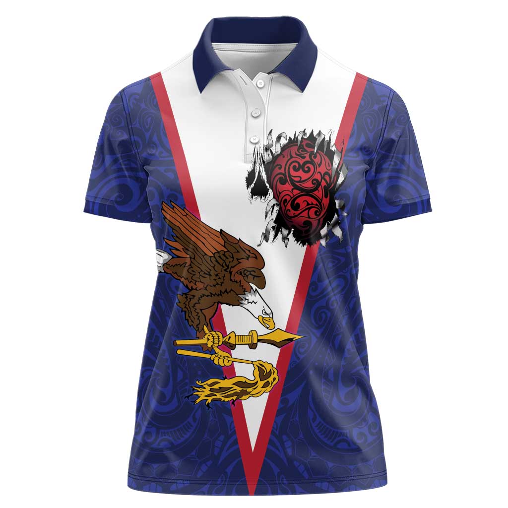 American Samoa Heart Tribal Personalized Women Polo Shirt Polynesian Patterns LT9 Female Blue - Polynesian Pride
