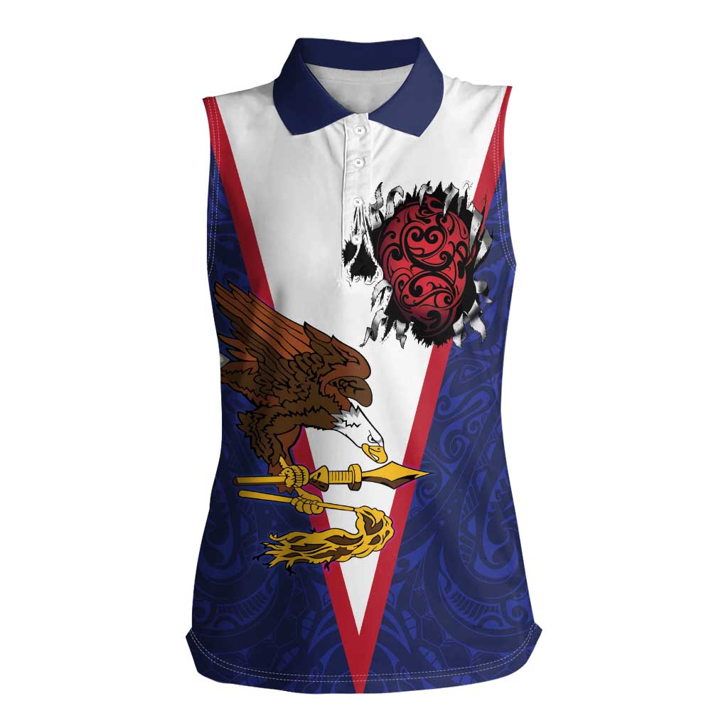 American Samoa Heart Tribal Personalized Women Sleeveless Polo Shirt Polynesian Patterns LT9 Female Blue - Polynesian Pride