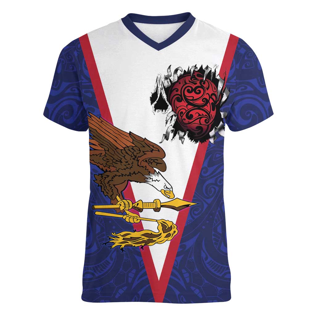 American Samoa Heart Tribal Personalized Women V-Neck T-Shirt Polynesian Patterns LT9 Female Blue - Polynesian Pride
