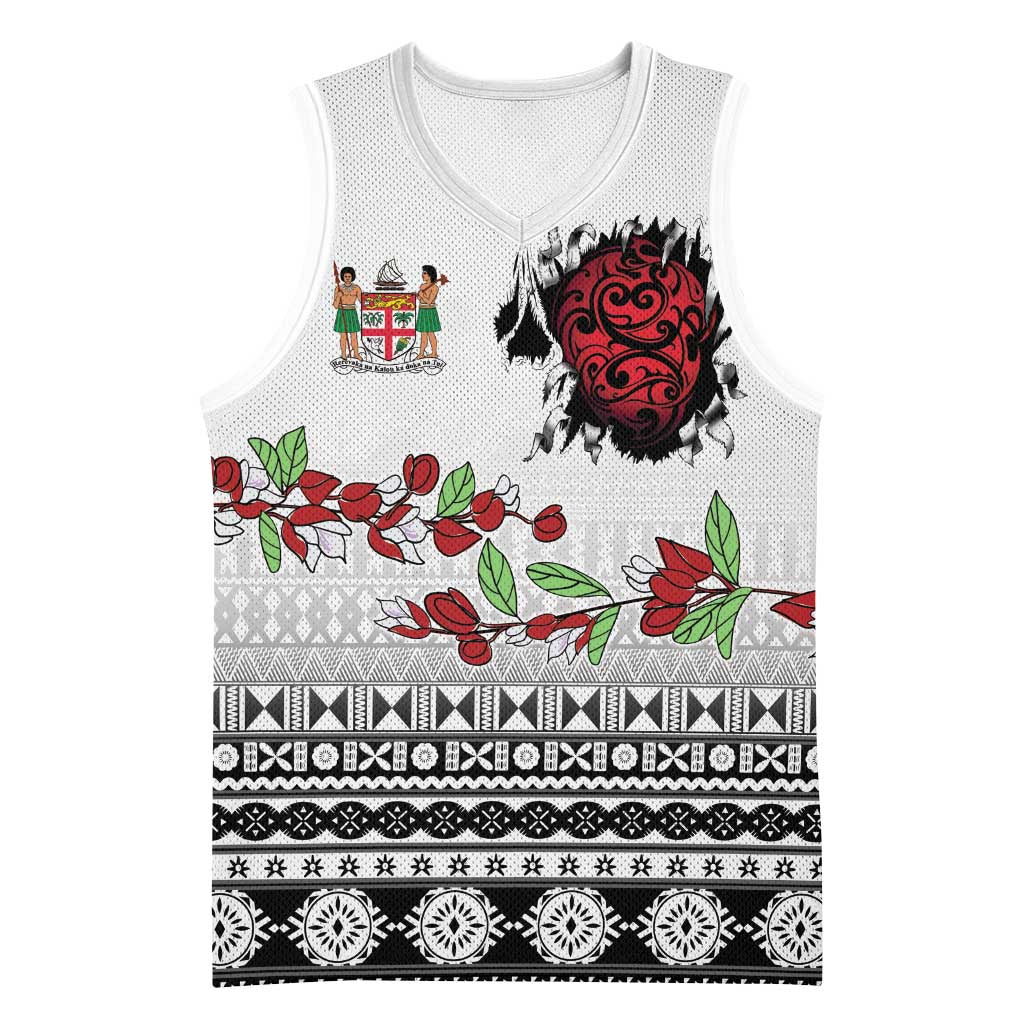 Fiji Heart Tribal Personalised Basketball Jersey Polynesian Patterns LT9 Unisex White - Polynesian Pride