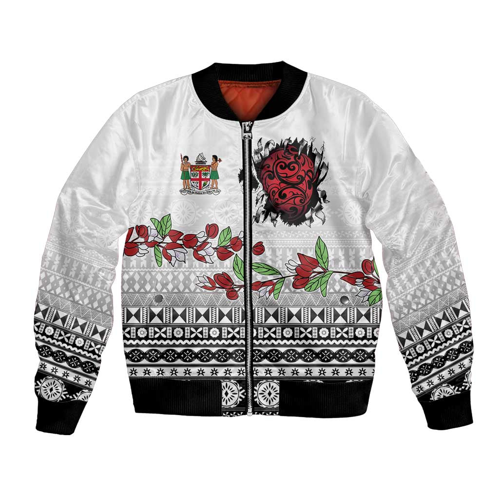 Fiji Heart Tribal Personalised Bomber Jacket Polynesian Patterns LT9 Unisex White - Polynesian Pride