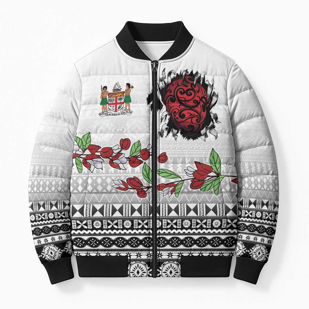 Fiji Heart Tribal Personalised Bomber Puffer Jacket Polynesian Patterns LT9 Unisex White - Polynesian Pride