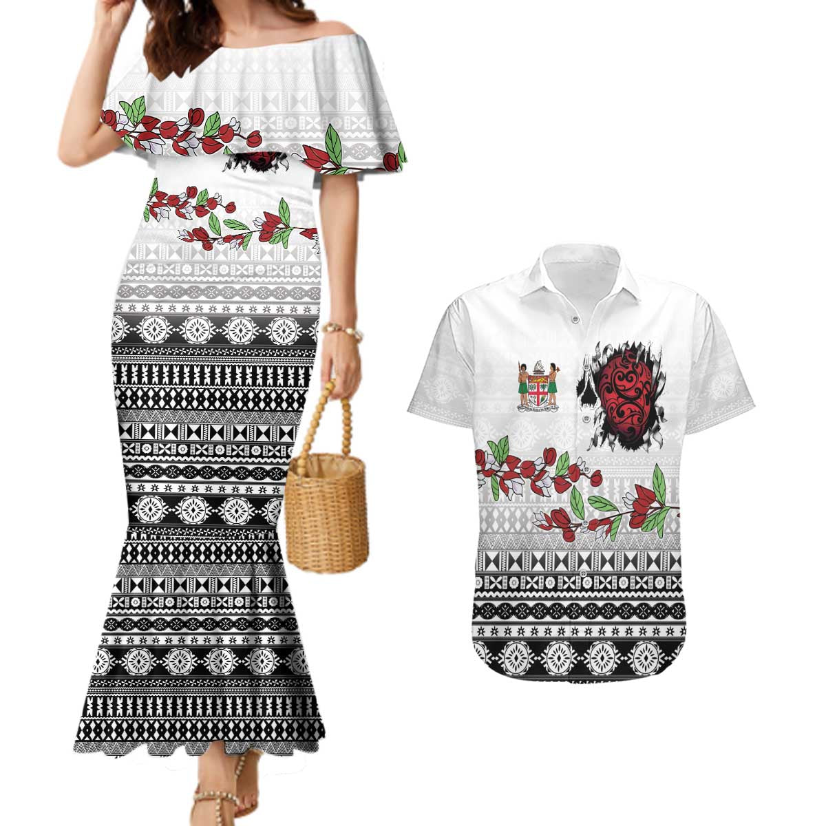 Fiji Heart Tribal Personalised Couples Matching Mermaid Dress and Hawaiian Shirt Polynesian Patterns LT9 White - Polynesian Pride