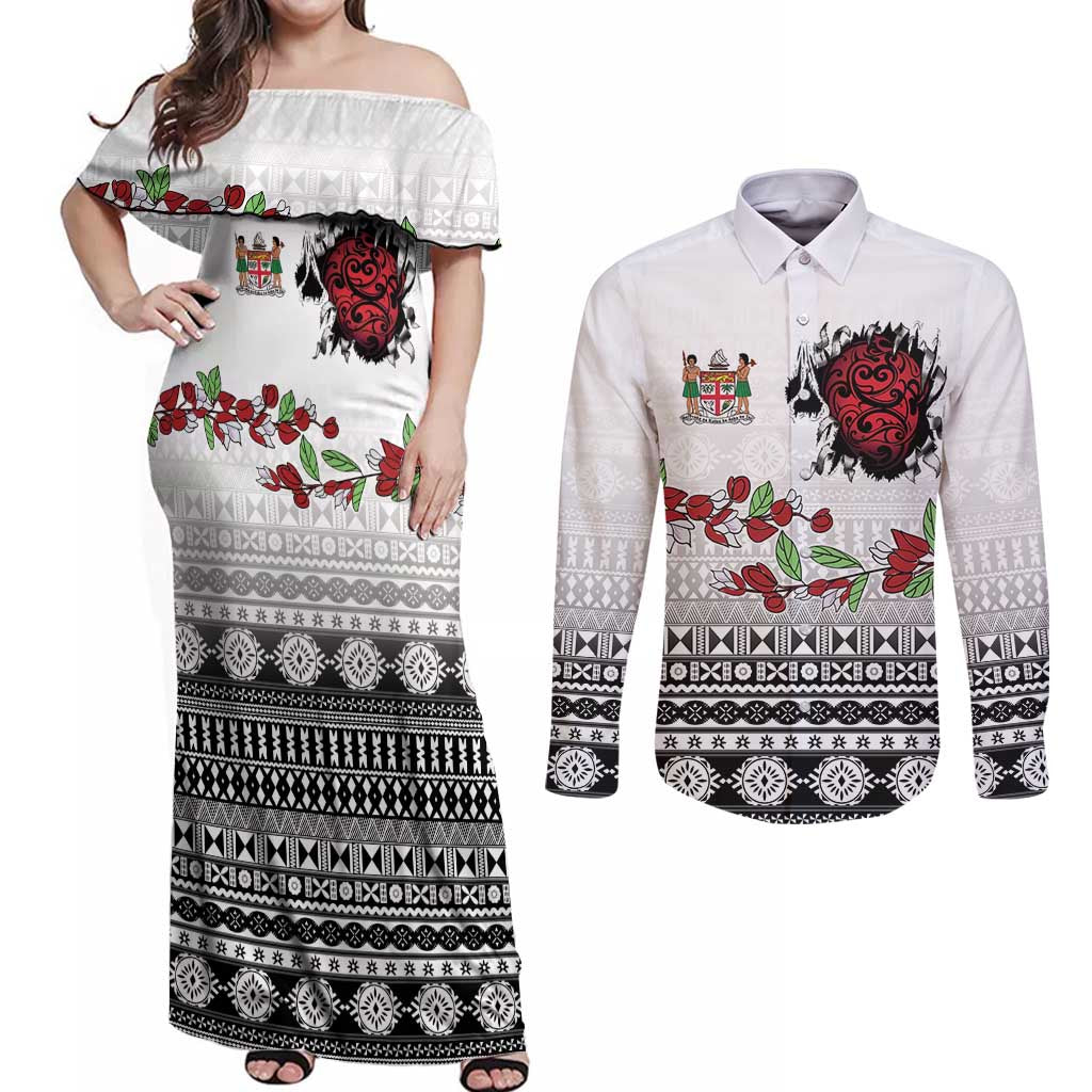 Fiji Heart Tribal Personalised Couples Matching Off Shoulder Maxi Dress and Long Sleeve Button Shirt Polynesian Patterns LT9 White - Polynesian Pride