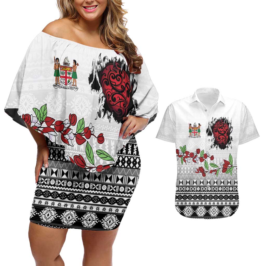 Fiji Heart Tribal Personalised Couples Matching Off Shoulder Short Dress and Hawaiian Shirt Polynesian Patterns LT9 White - Polynesian Pride