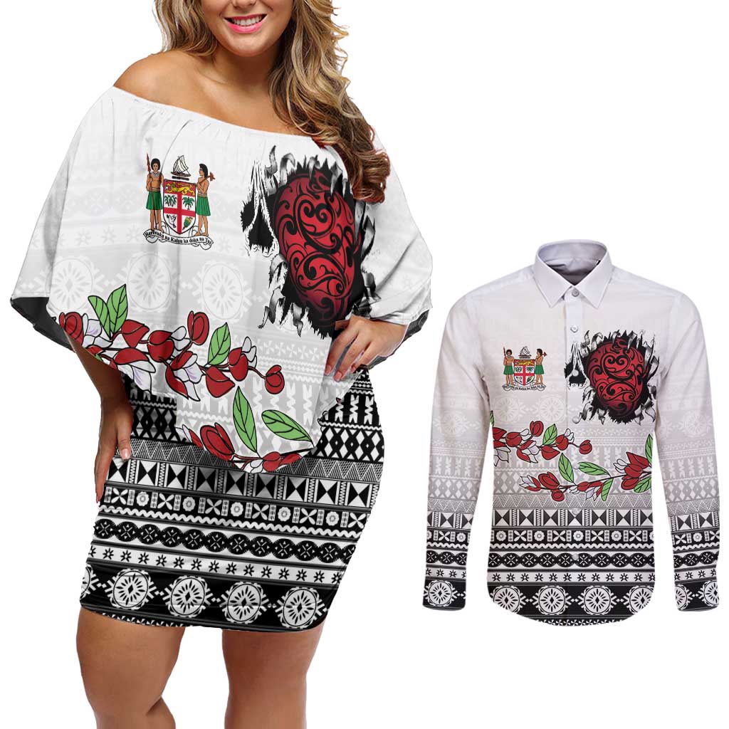 Fiji Heart Tribal Personalised Couples Matching Off Shoulder Short Dress and Long Sleeve Button Shirt Polynesian Patterns LT9 White - Polynesian Pride