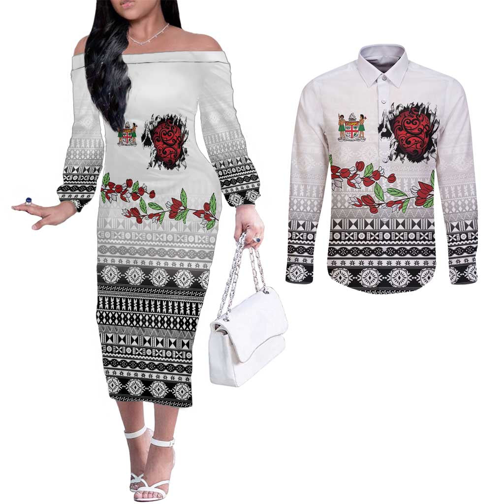 Fiji Heart Tribal Personalised Couples Matching Off The Shoulder Long Sleeve Dress and Long Sleeve Button Shirt Polynesian Patterns LT9 White - Polynesian Pride
