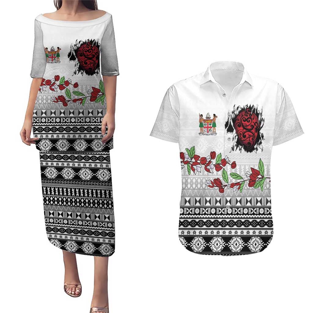 Fiji Heart Tribal Personalised Couples Matching Puletasi and Hawaiian Shirt Polynesian Patterns LT9 White - Polynesian Pride