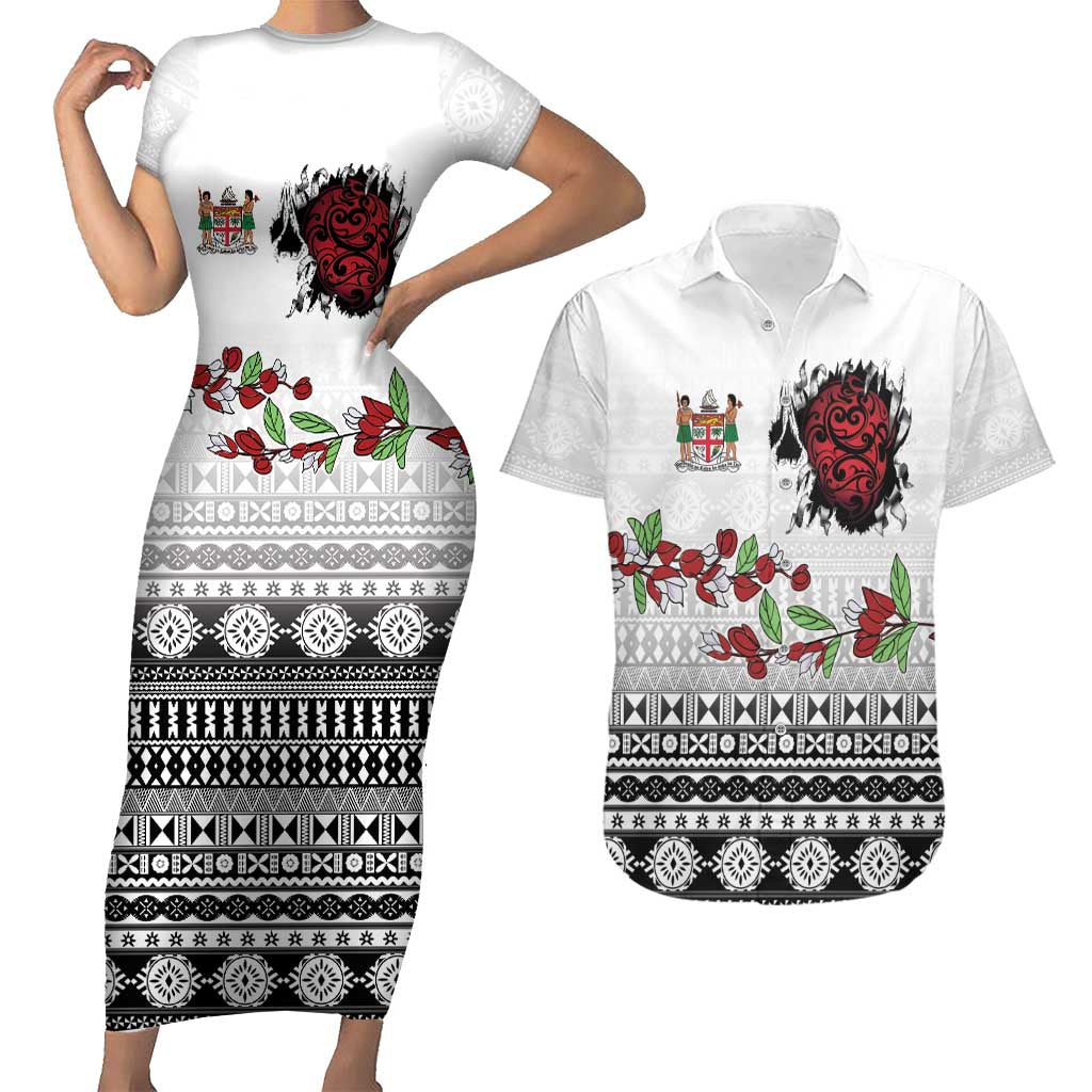 Fiji Heart Tribal Personalised Couples Matching Short Sleeve Bodycon Dress and Hawaiian Shirt Polynesian Patterns LT9 White - Polynesian Pride