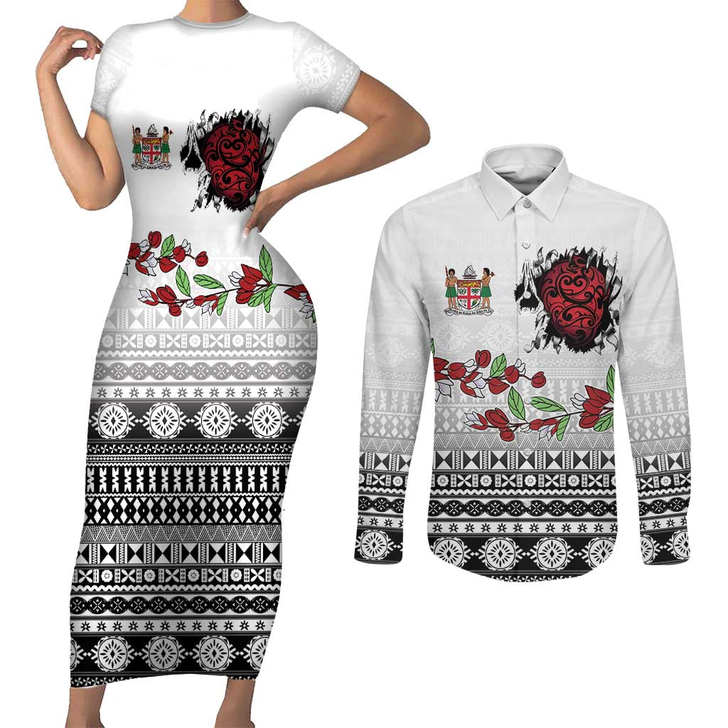 Fiji Heart Tribal Personalised Couples Matching Short Sleeve Bodycon Dress and Long Sleeve Button Shirt Polynesian Patterns LT9 White - Polynesian Pride