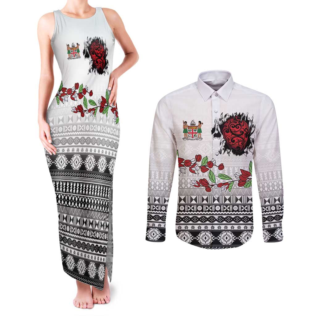 Fiji Heart Tribal Personalised Couples Matching Tank Maxi Dress and Long Sleeve Button Shirt Polynesian Patterns LT9 White - Polynesian Pride