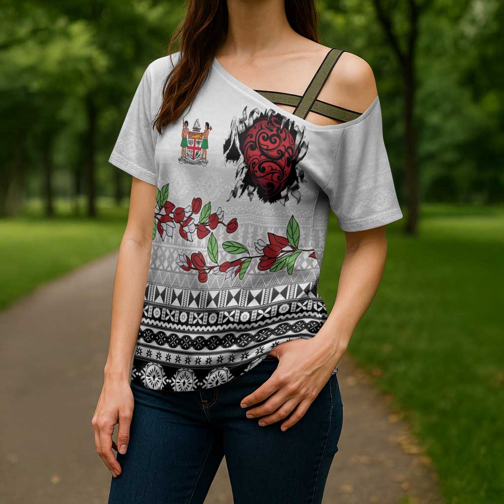 Fiji Heart Tribal Personalised Cross Shoulder Shirt Polynesian Patterns LT9 - Polynesian Pride