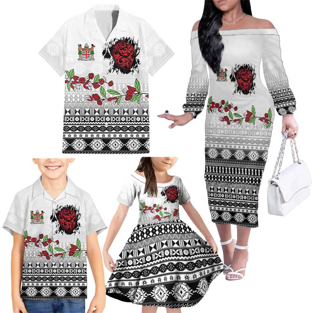 Fiji Heart Tribal Personalised Family Matching Off The Shoulder Long Sleeve Dress and Hawaiian Shirt Polynesian Patterns LT9 - Polynesian Pride