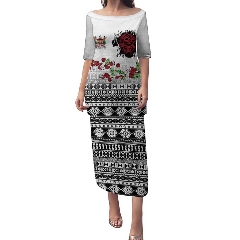 Fiji Heart Tribal Personalised Family Matching Puletasi and Hawaiian Shirt Polynesian Patterns LT9 Mom's Dress White - Polynesian Pride