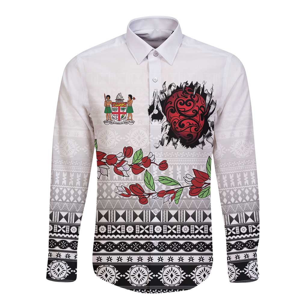 Fiji Heart Tribal Personalised Long Sleeve Button Shirt Polynesian Patterns LT9 Unisex White - Polynesian Pride