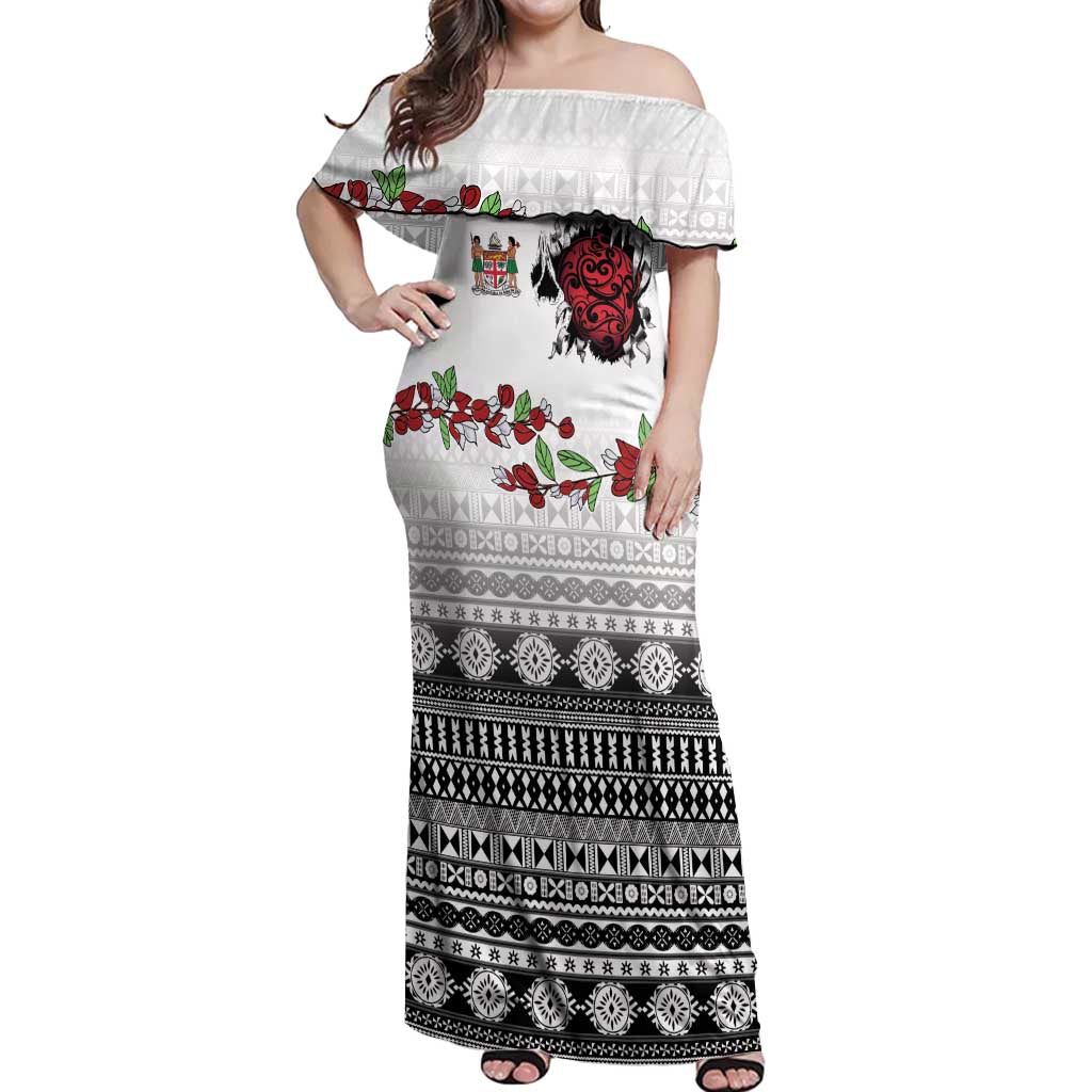 Fiji Heart Tribal Personalised Off Shoulder Maxi Dress Polynesian Patterns LT9 Women White - Polynesian Pride