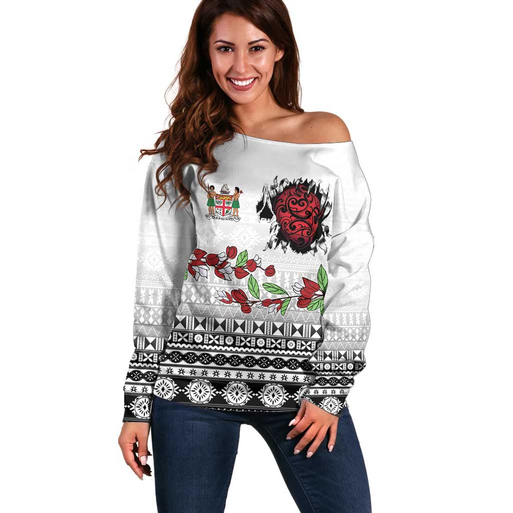 Fiji Heart Tribal Personalised Off Shoulder Sweater Polynesian Patterns LT9 Women White - Polynesian Pride