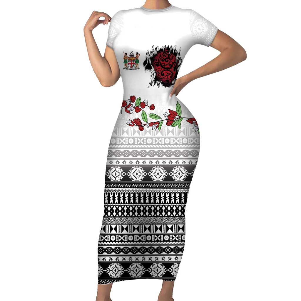 Fiji Heart Tribal Personalised Short Sleeve Bodycon Dress Polynesian Patterns LT9 Long Dress White - Polynesian Pride